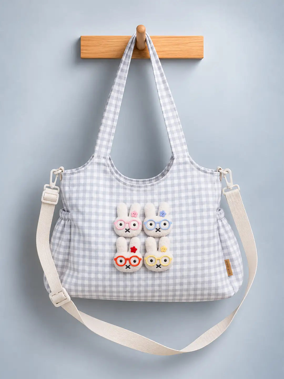 Grey Gingham Checks 3D Glasses Bunny stylish & casual Tote Bag for Teens & Adults