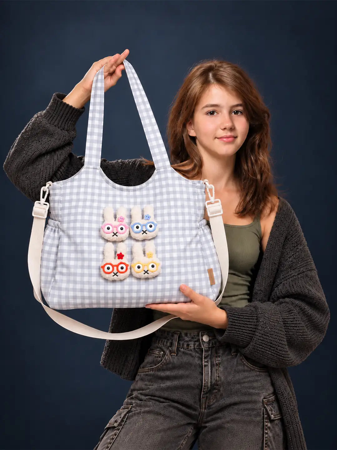 Grey Gingham Checks 3D Glasses Bunny stylish & casual Tote Bag for Teens & Adults