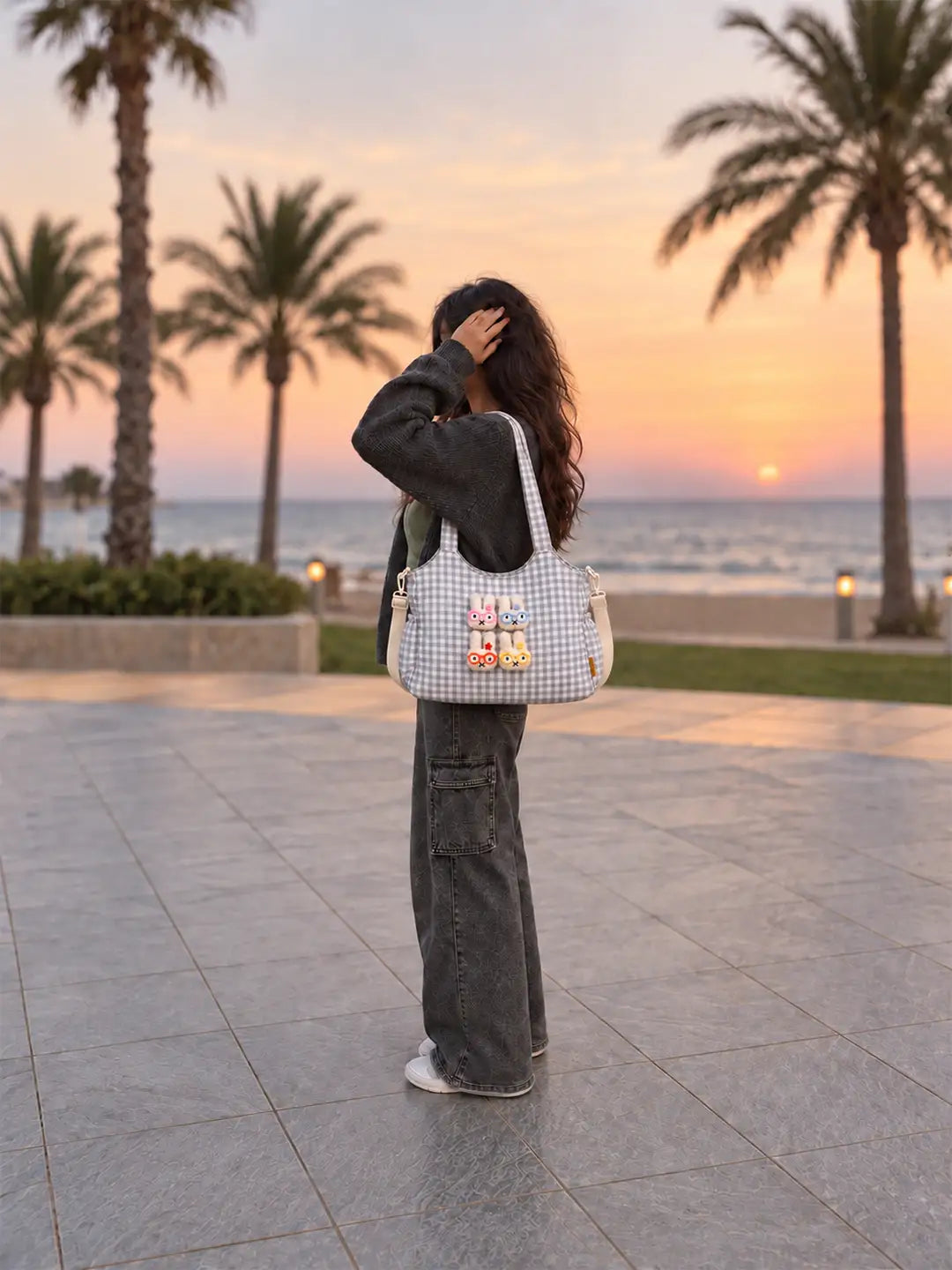 Grey Gingham Checks 3D Glasses Bunny stylish & casual Tote Bag for Teens & Adults