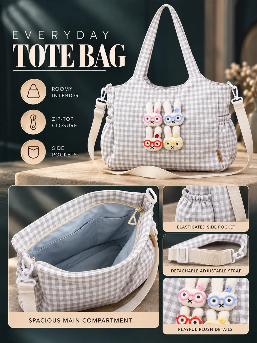 Grey Gingham Checks 3D Glasses Bunny stylish & casual Tote Bag for Teens & Adults