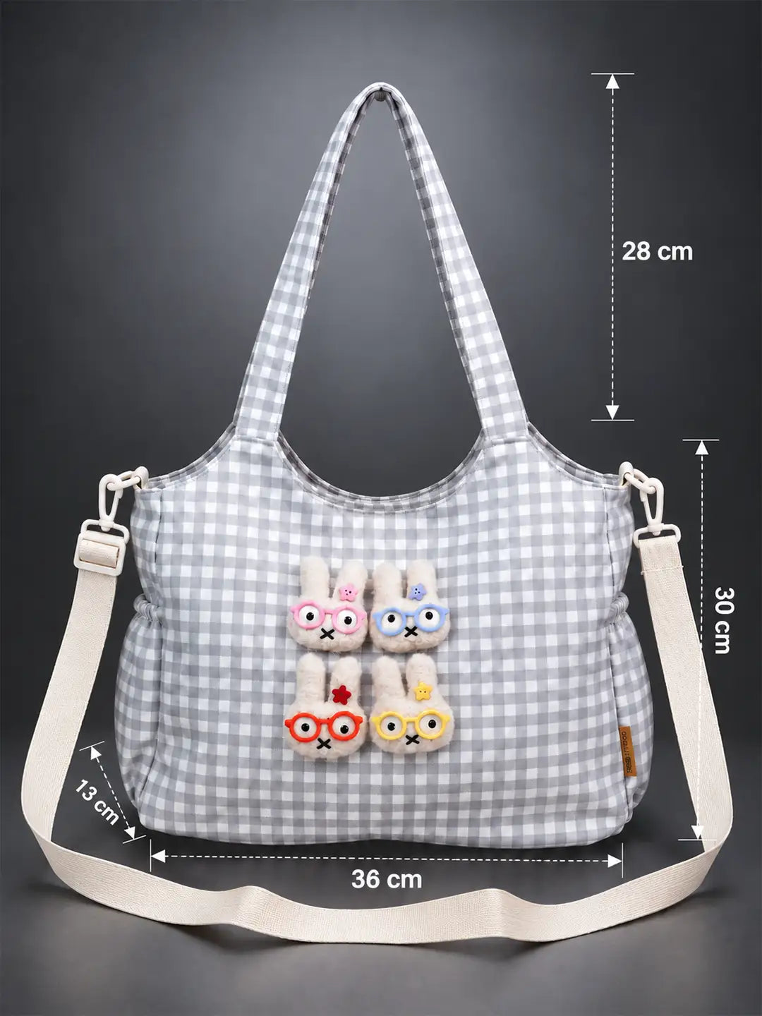Grey Gingham Checks 3D Glasses Bunny stylish & casual Tote Bag for Teens & Adults