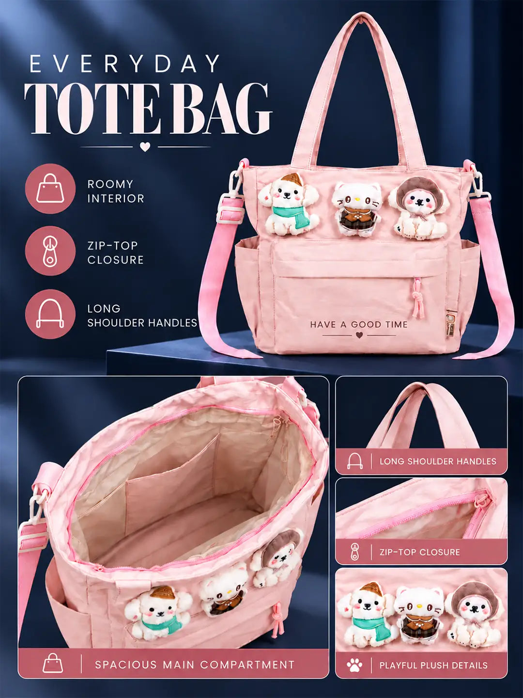 Peach 3D Puppy & Cat stylish & casual Tote Bag for Teens & Adults