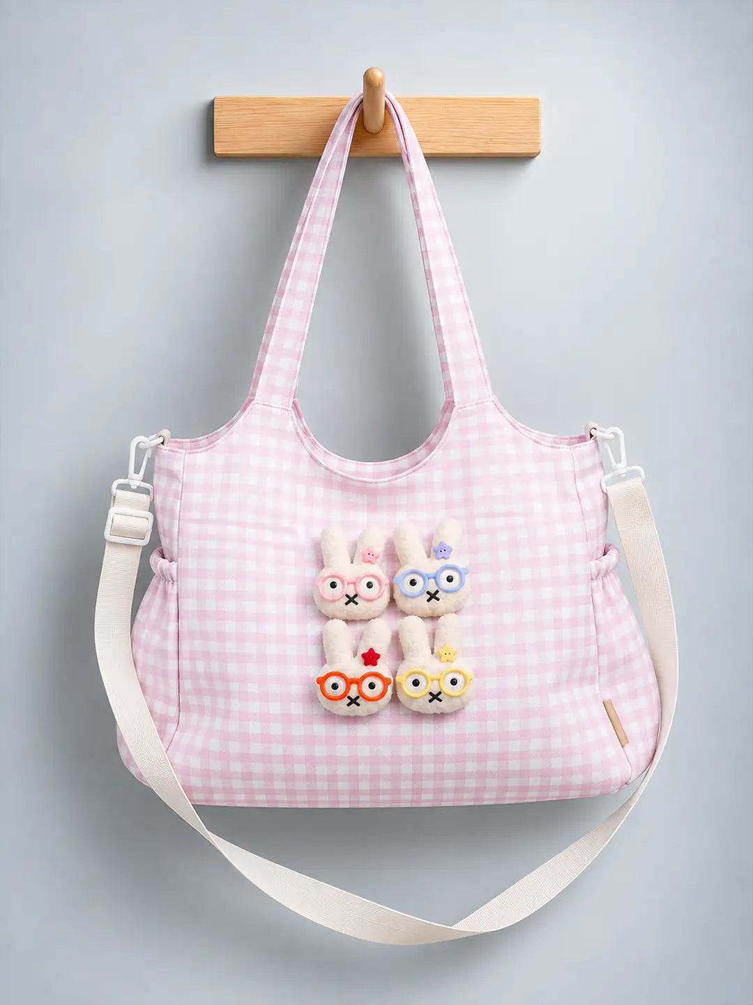 Pink Gingham Checks 3D Glasses Bunny stylish & casual Tote Bag for Teens & Adults