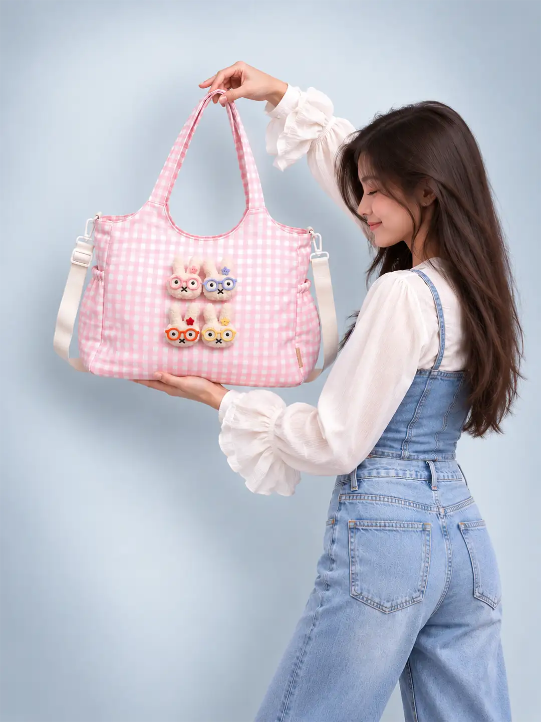 Pink Gingham Checks 3D Glasses Bunny stylish & casual Tote Bag for Teens & Adults