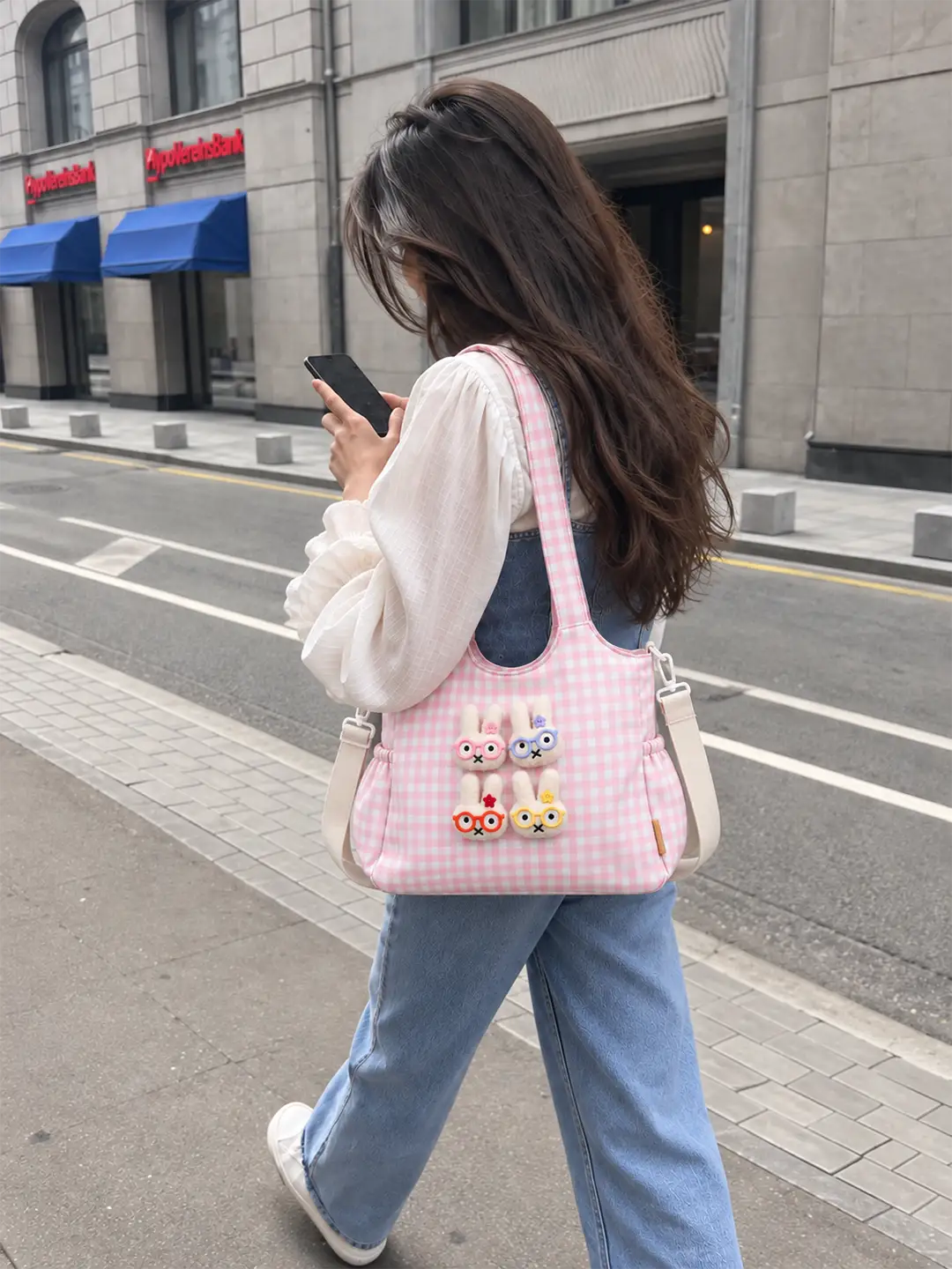 Pink Gingham Checks 3D Glasses Bunny stylish & casual Tote Bag for Teens & Adults