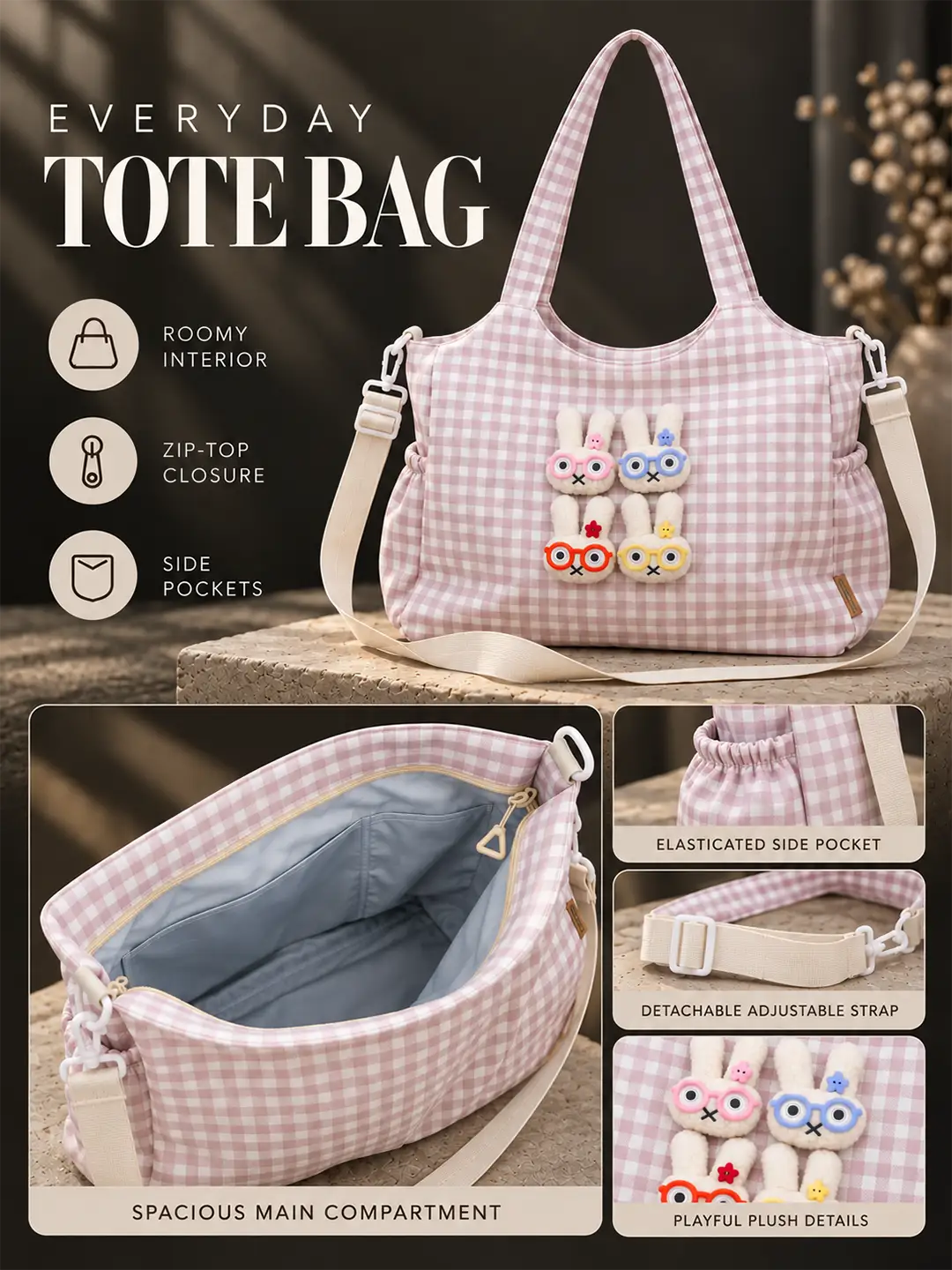 Pink Gingham Checks 3D Glasses Bunny stylish & casual Tote Bag for Teens & Adults
