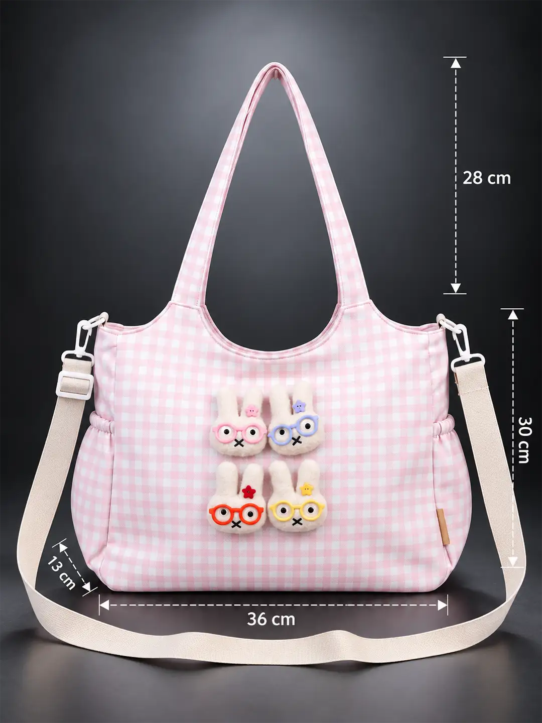 Pink Gingham Checks 3D Glasses Bunny stylish & casual Tote Bag for Teens & Adults