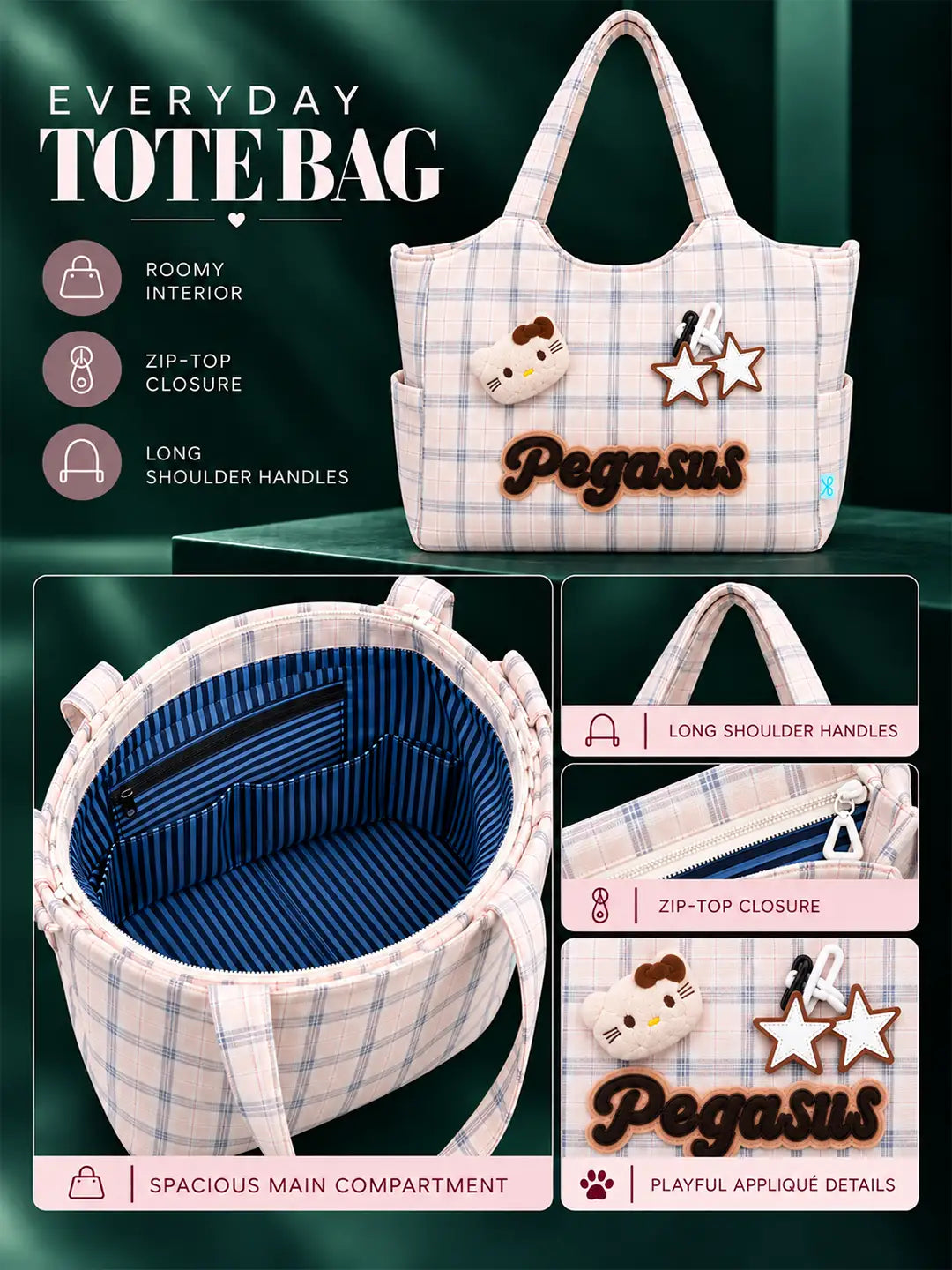 Pink Checks Pegasus stylish & casual Tote Bag for Teens & Adults