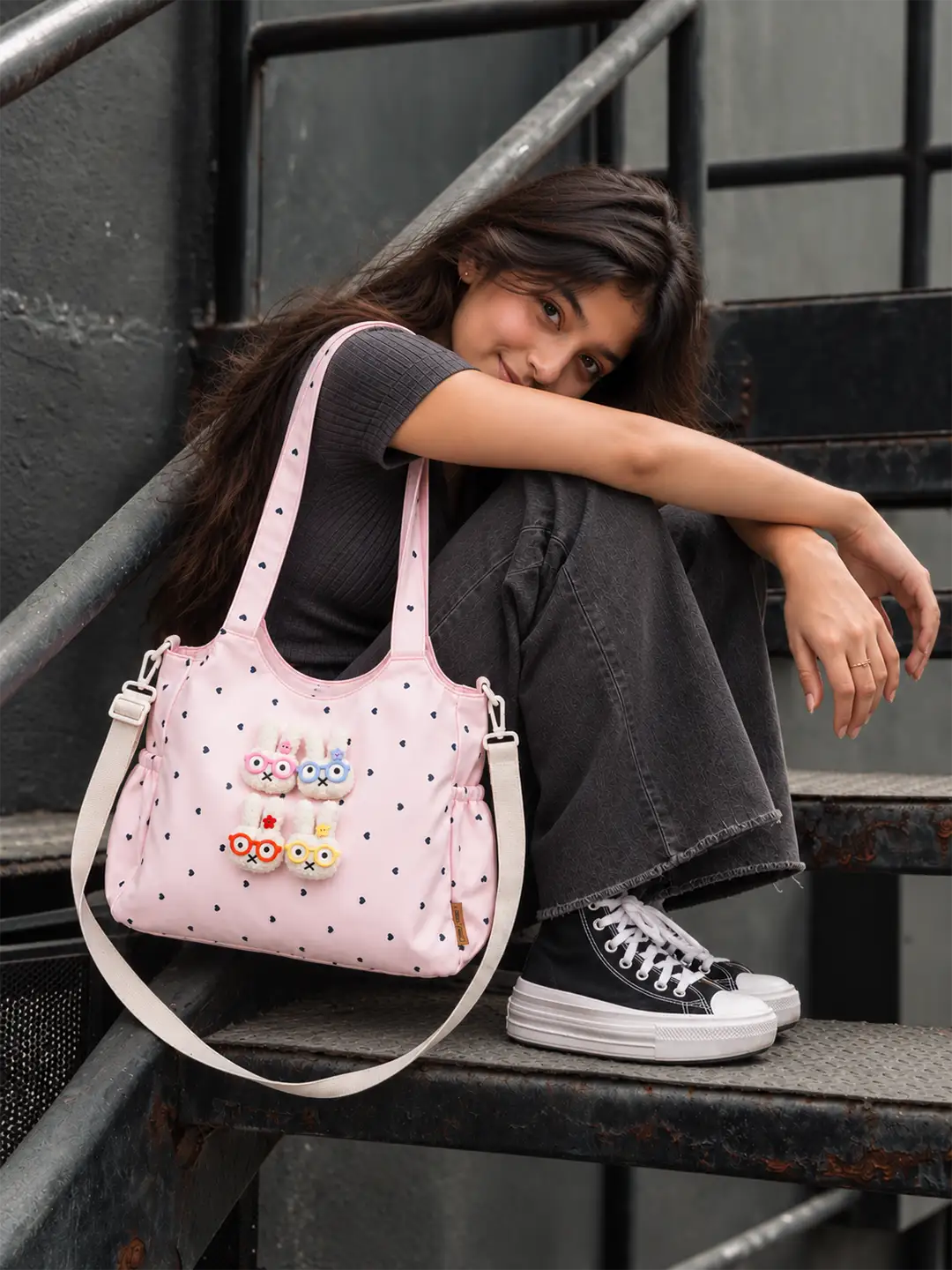 Pink Heart 3D Glasses Bunny stylish & casual Tote Bag for Teens & Adults
