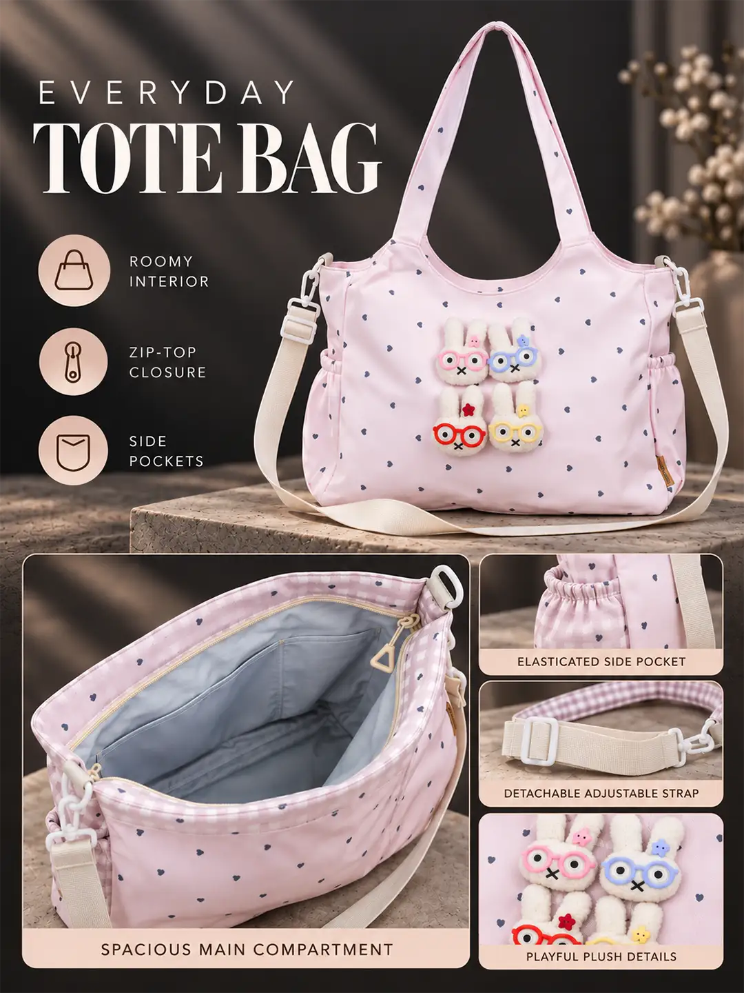 Pink Heart 3D Glasses Bunny stylish & casual Tote Bag for Teens & Adults