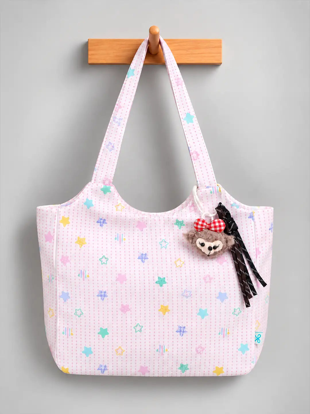 Pink Stars Print stylish & casual Tote Bag with Monkey Keychain for Teens & Adults