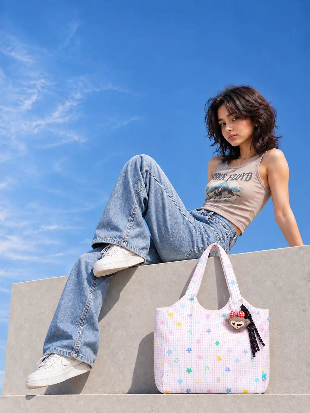 Pink Stars Print stylish & casual Tote Bag with Monkey Keychain for Teens & Adults