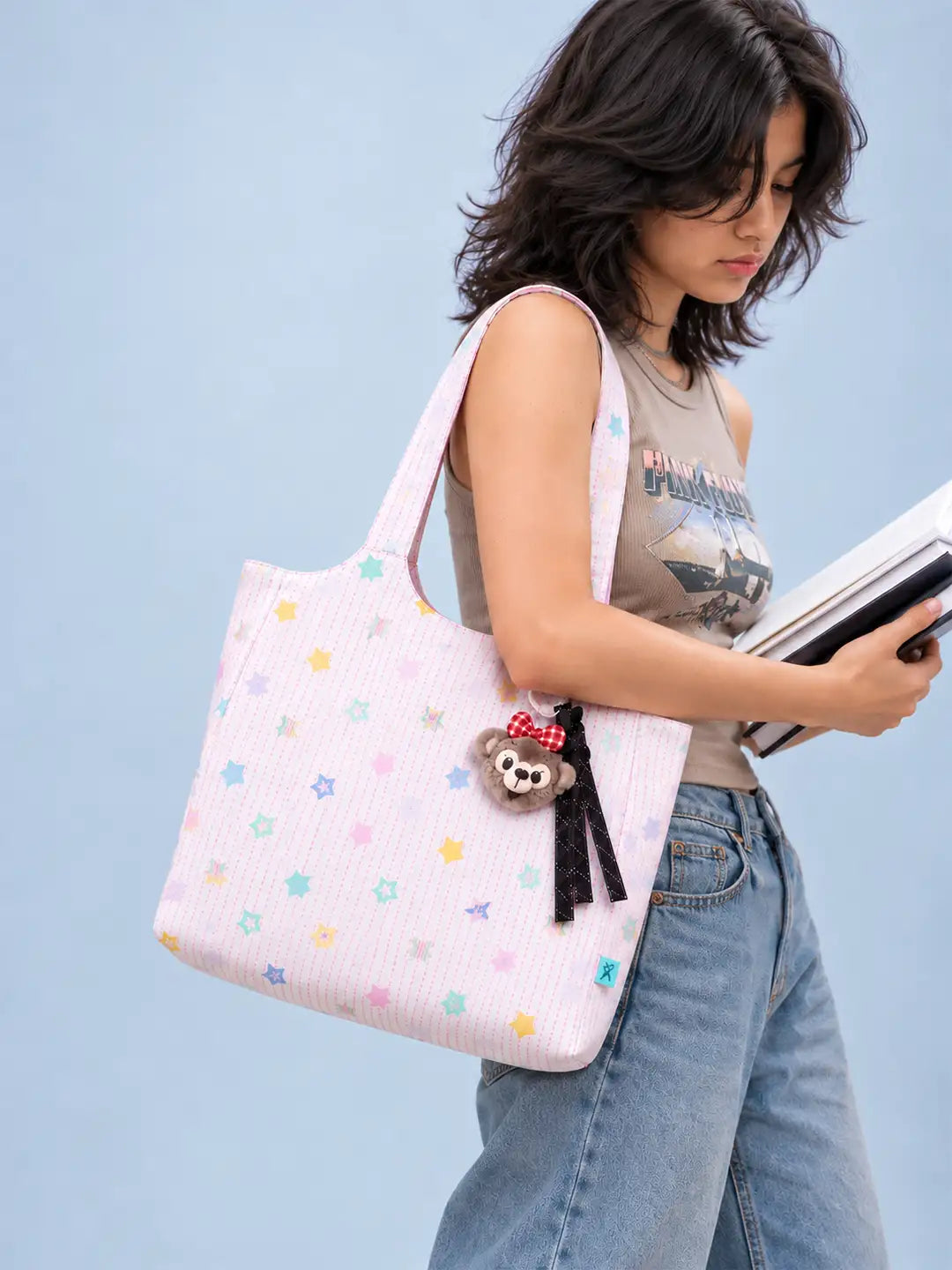 Pink Stars Print stylish & casual Tote Bag with Monkey Keychain for Teens & Adults
