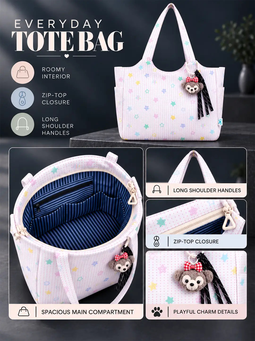 Pink Stars Print stylish & casual Tote Bag with Monkey Keychain for Teens & Adults