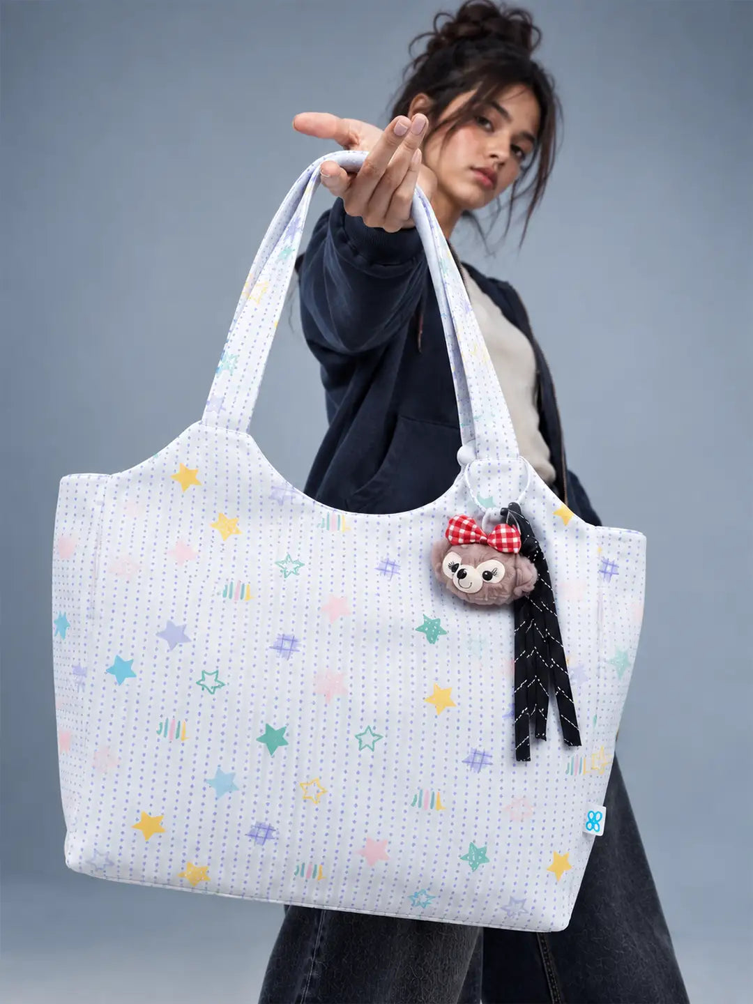 Pastel Purple Stars Print stylish & casual Tote Bag with Monkey Keychain for Teens & Adults
