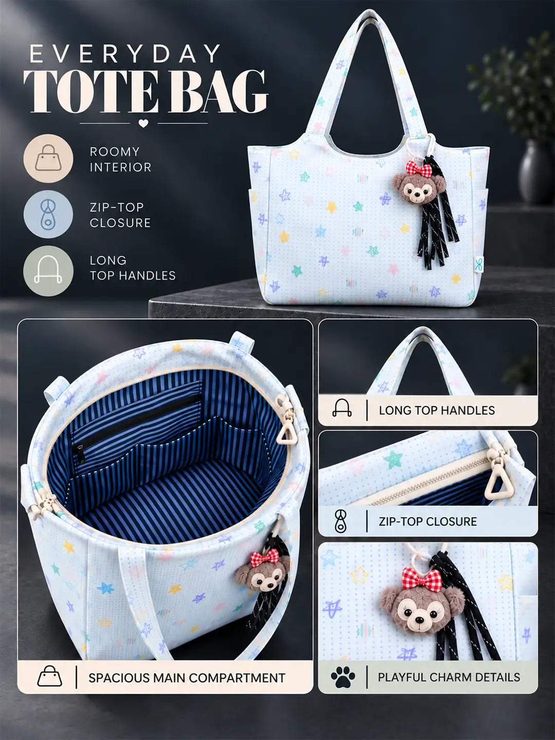 Pastel Purple Stars Print stylish & casual Tote Bag with Monkey Keychain for Teens & Adults
