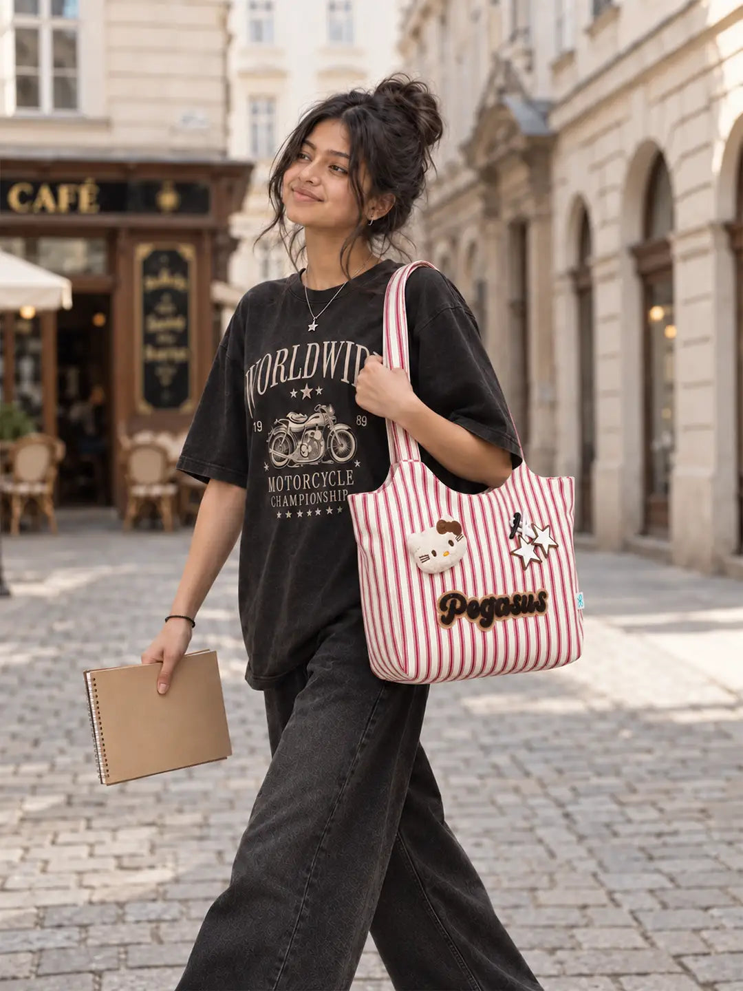 Red & White Striped Pegasus stylish & casual Tote Bag for Teens & Adults