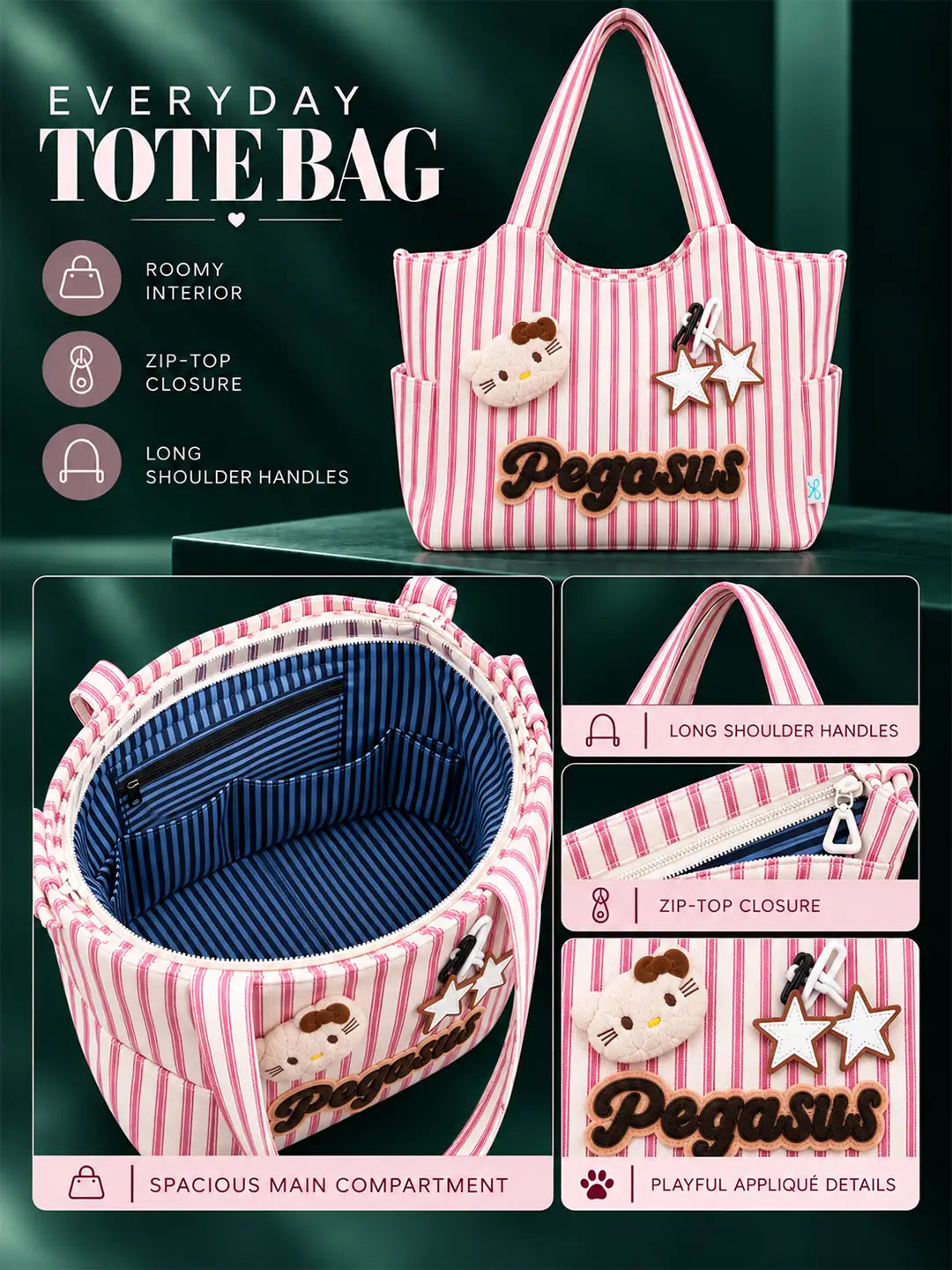 Red & White Striped Pegasus stylish & casual Tote Bag for Teens & Adults