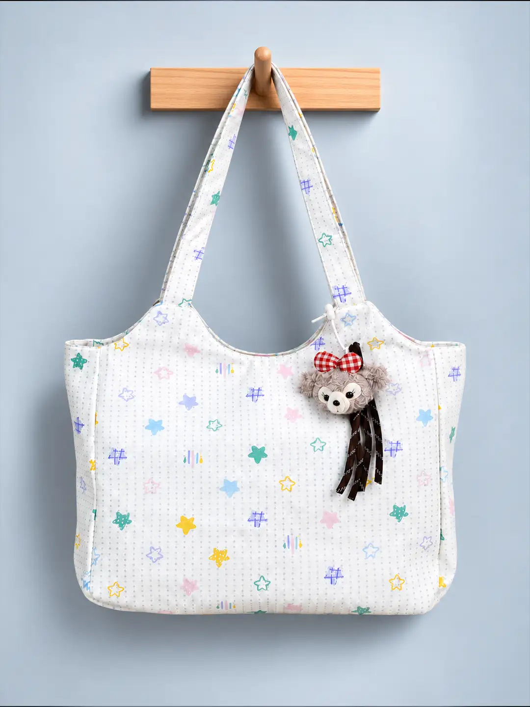 White Stars Print stylish & casual Tote Bag with Monkey Keychain for Teens & Adults