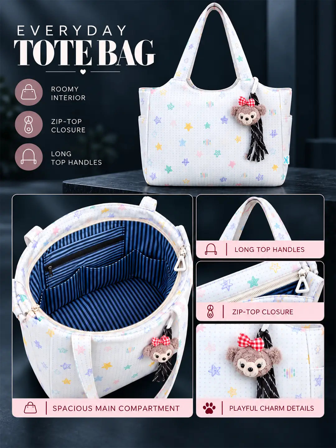 White Stars Print stylish & casual Tote Bag with Monkey Keychain for Teens & Adults