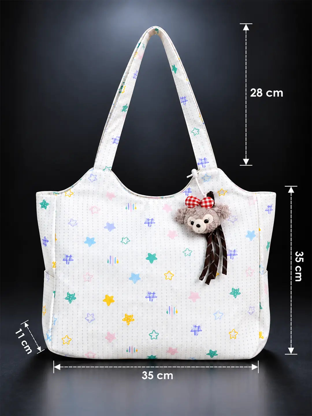 White Stars Print stylish & casual Tote Bag with Monkey Keychain for Teens & Adults
