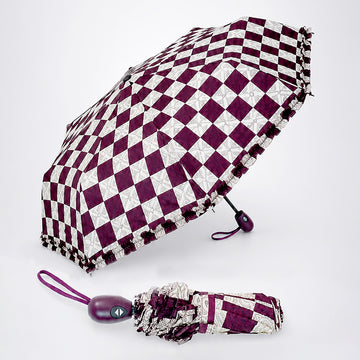 3fold Brown Frills and Checks Printed Umbrella for Teens & Adults