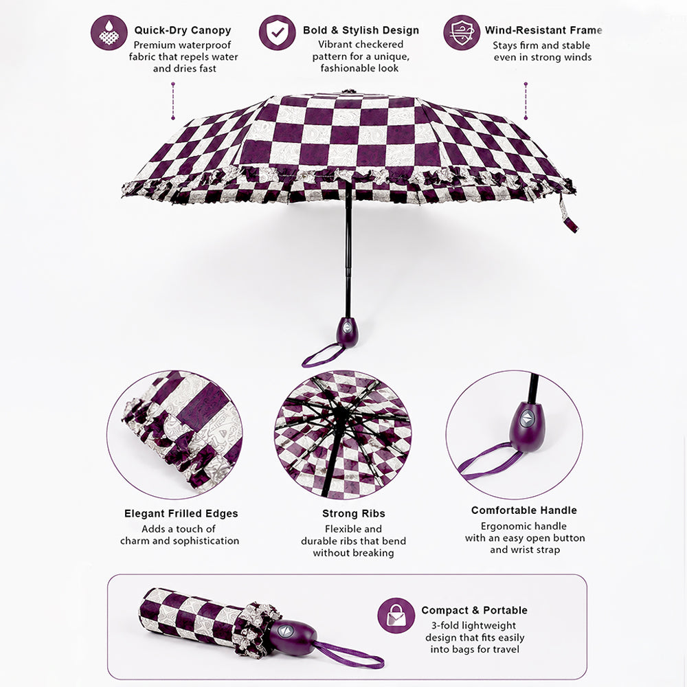 3fold Brown Frills and Checks Printed Umbrella for Teens & Adults