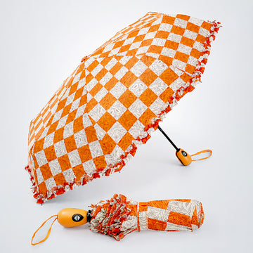 3fold Orange Frills and Checks Printed Umbrella for Teens & Adults