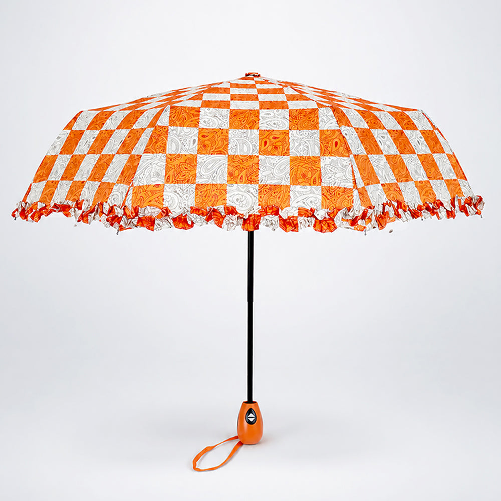 3fold Orange Frills and Checks Printed Umbrella for Teens & Adults