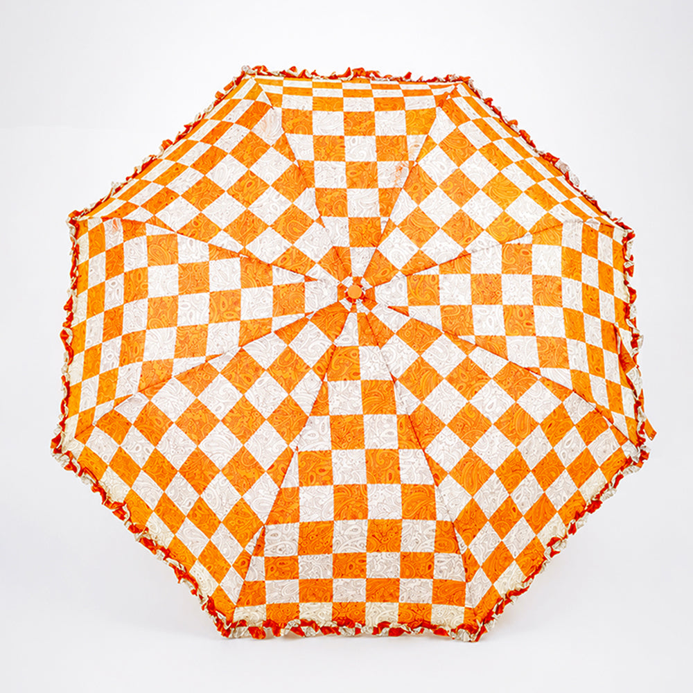 3fold Orange Frills and Checks Printed Umbrella for Teens & Adults