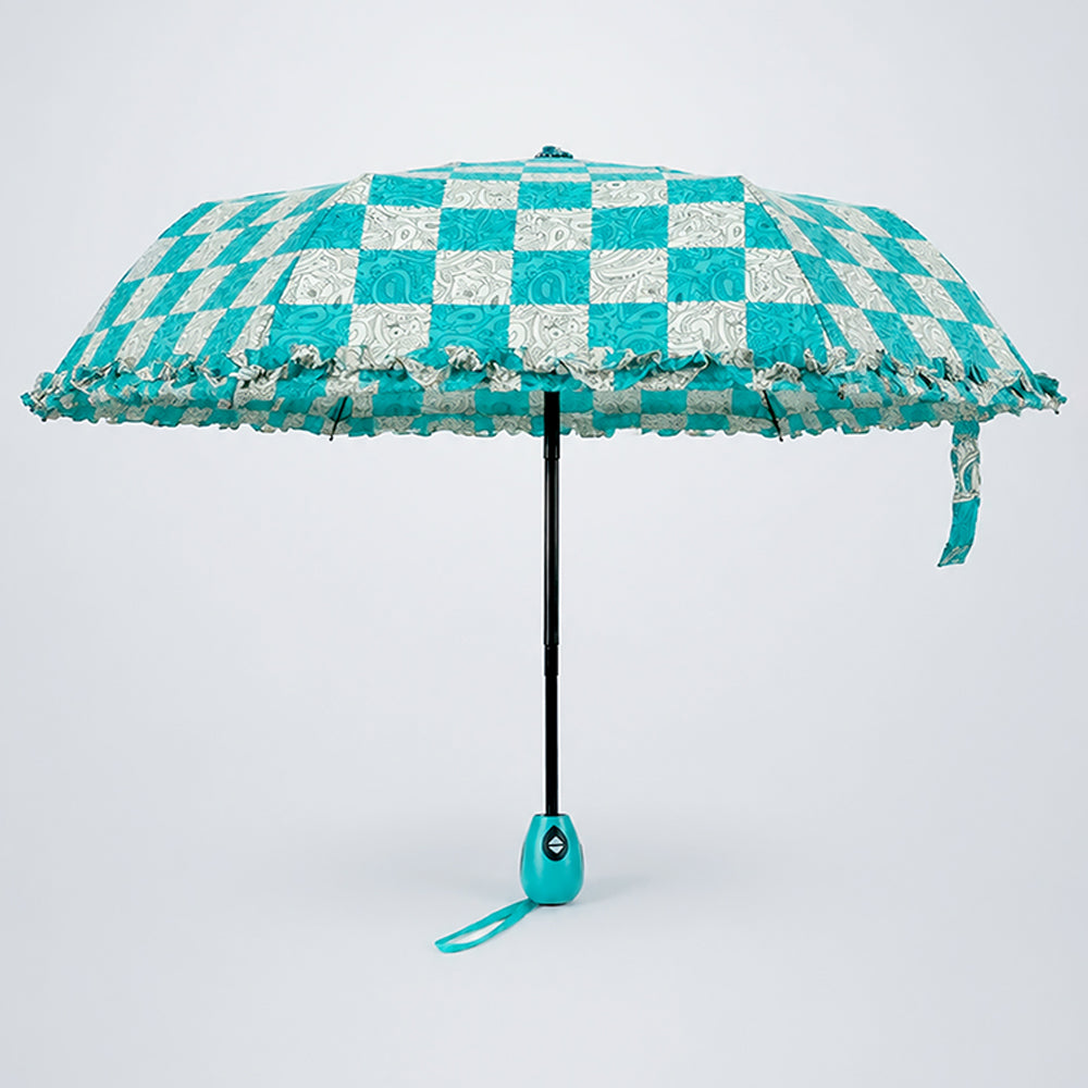 3fold Turquoise Frills and Checks Printed Umbrella for Teens & Adults