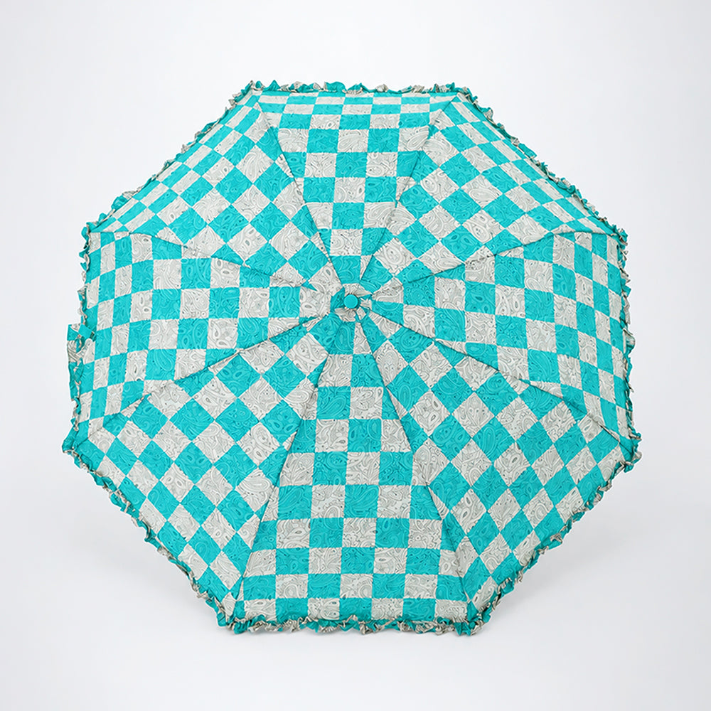 3fold Turquoise Frills and Checks Printed Umbrella for Teens & Adults