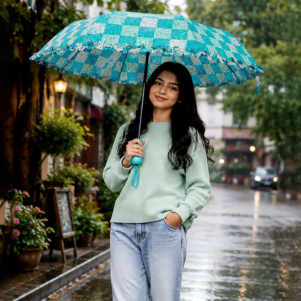 3fold Turquoise Frills and Checks Printed Umbrella for Teens & Adults