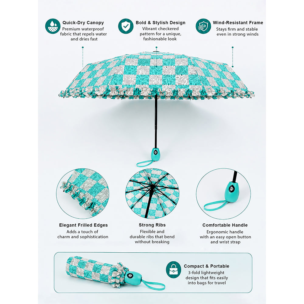 3fold Turquoise Frills and Checks Printed Umbrella for Teens & Adults