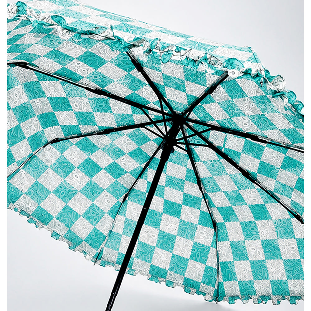 3fold Turquoise Frills and Checks Printed Umbrella for Teens & Adults