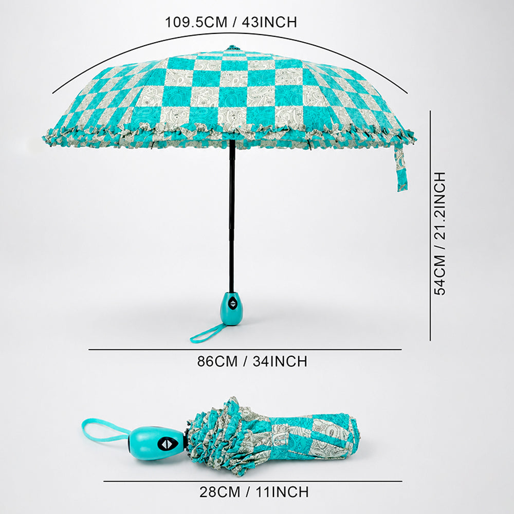 3fold Turquoise Frills and Checks Printed Umbrella for Teens & Adults