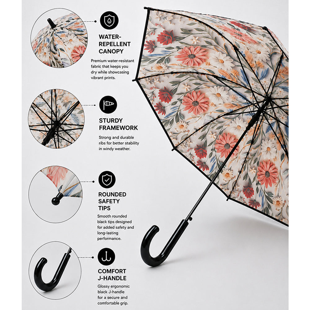 Black Floral Tile Print Umbrella for Teens & Adults