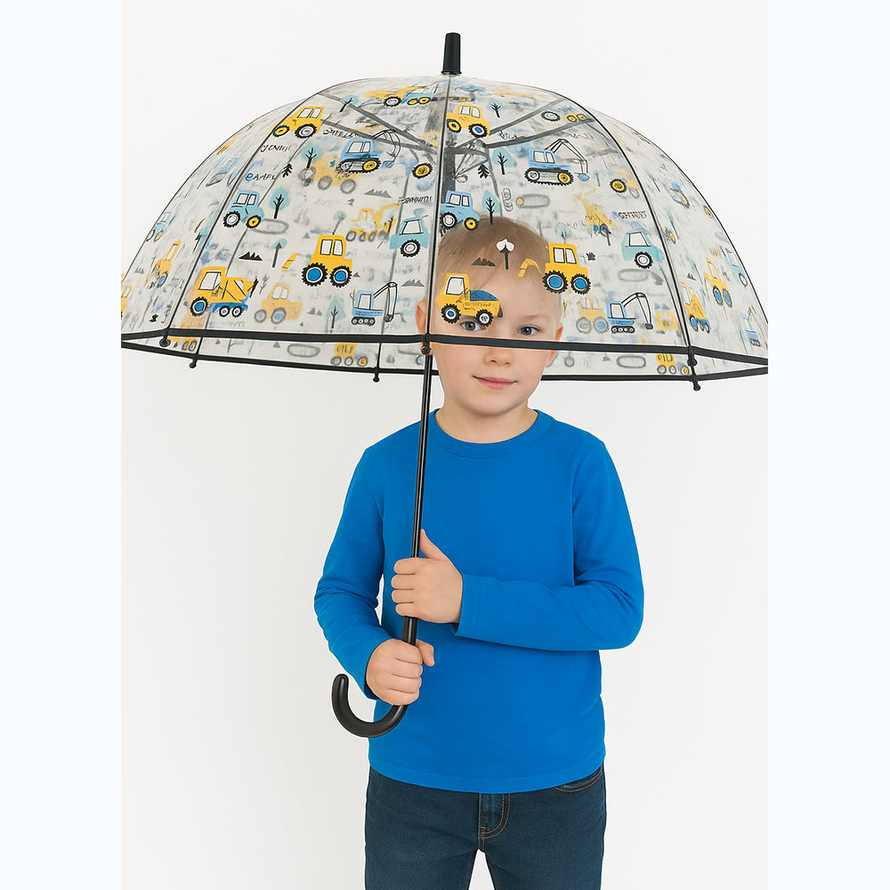 Black Dome style construction theme Transparent Umbrella for Kids, 1-5years