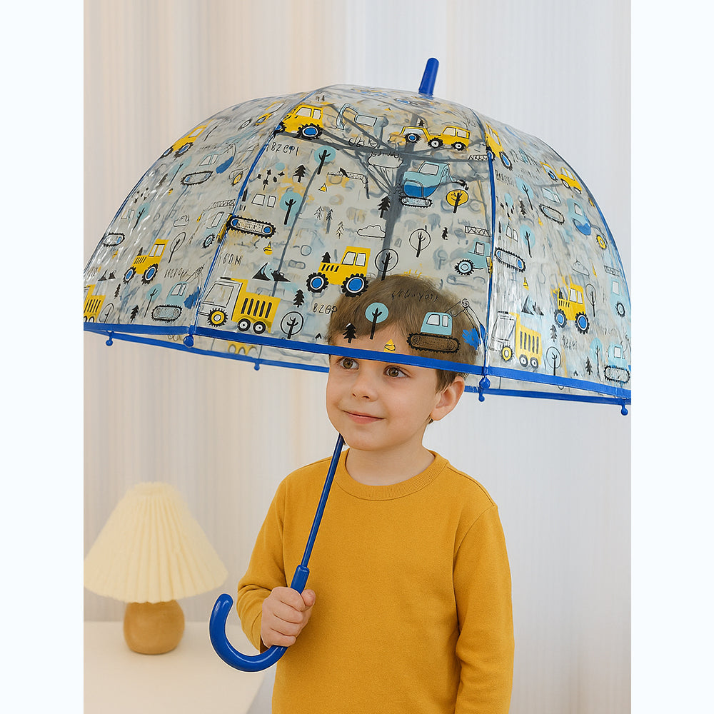 Dark Blue Dome style construction theme Transparent Umbrella for Kids, 1-5years