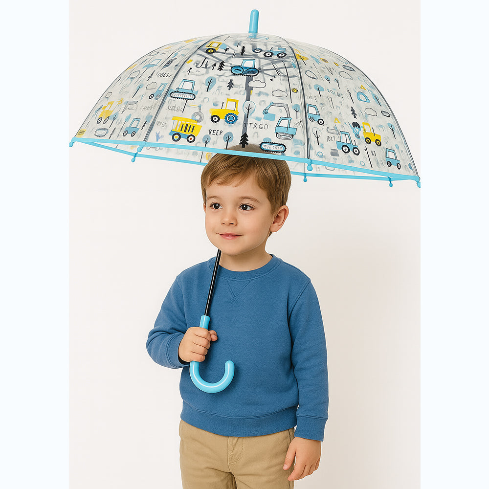 Light Blue Dome style construction theme Transparent Umbrella for Kids, 1-5years
