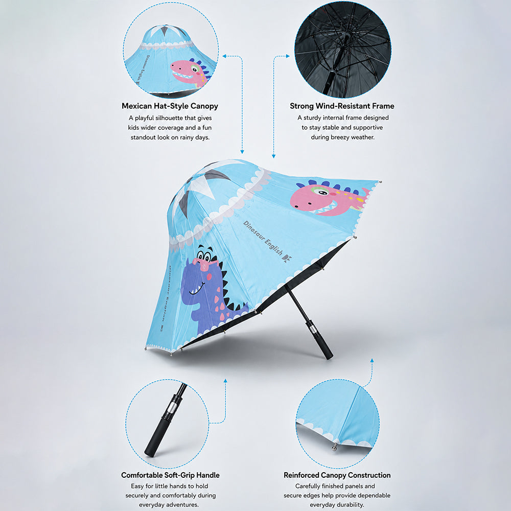 Blue Dino, Unique Mexican Hat Style Kids Umbrella, 5-12 years, Blue