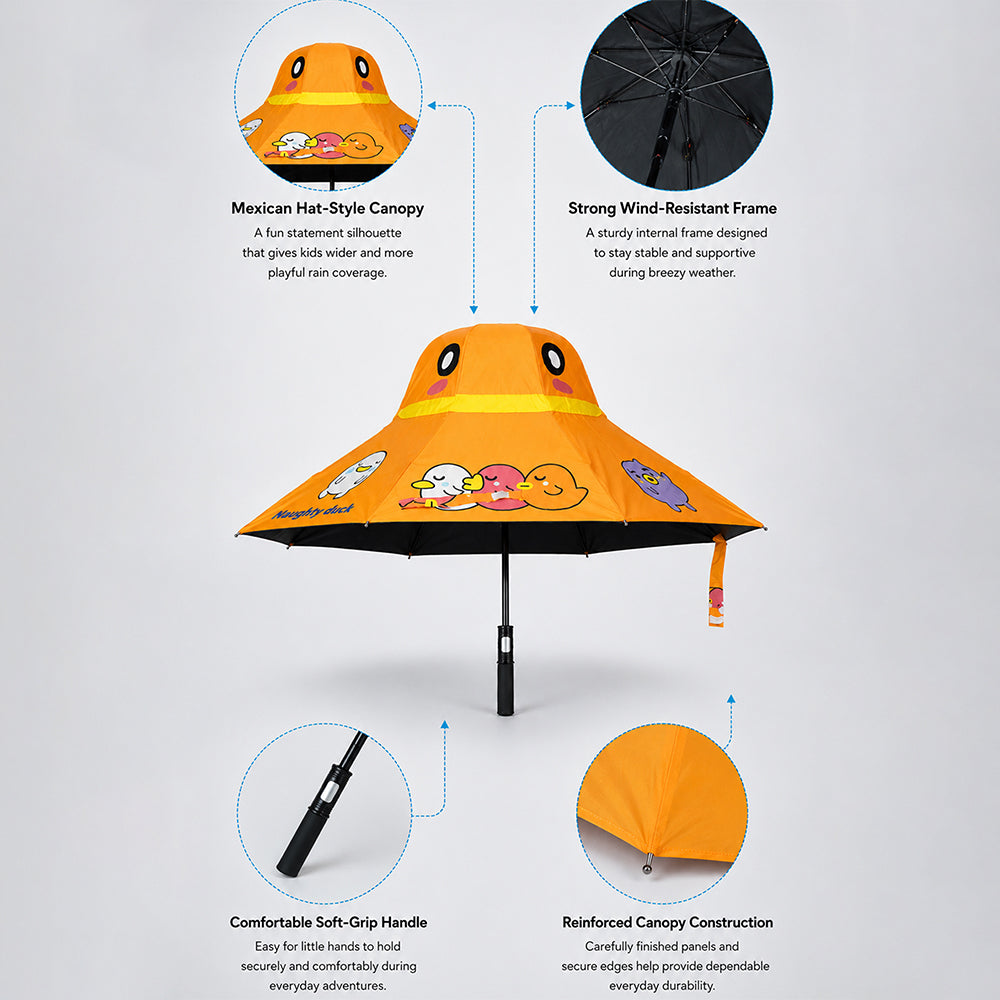 3 Ducklings theme, Unique Mexican Hat Style Kids Umbrella, 5-12 years, Orange