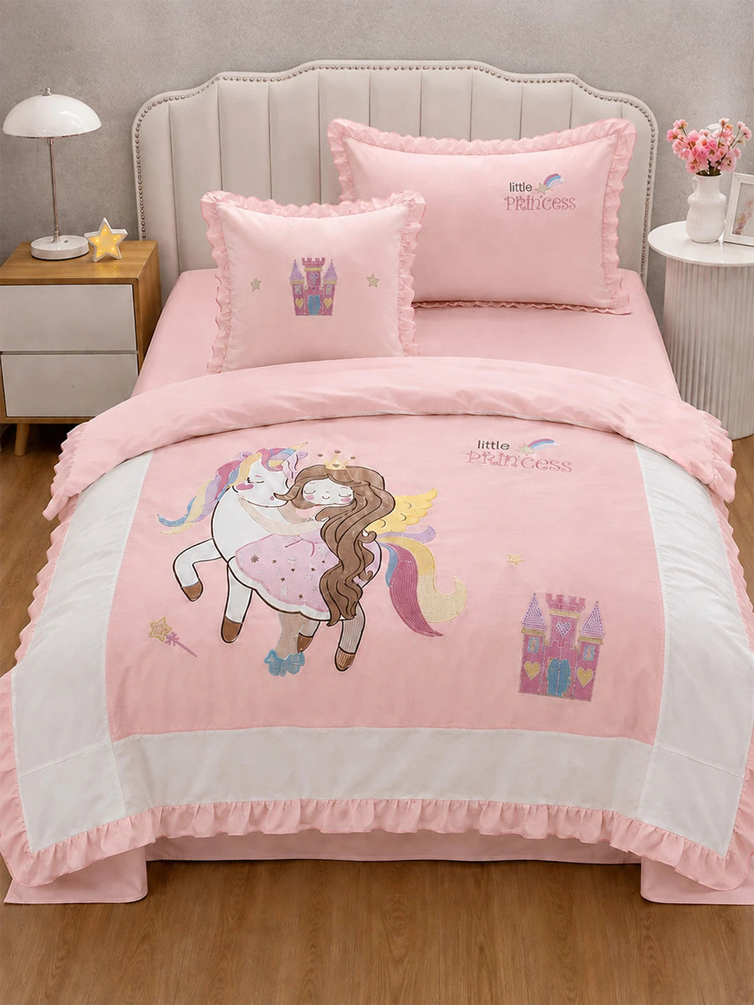 4 pcs Unicorn & Princess Luxe Embroidered collection of Single bed comforter, 1 flat bedsheet, 2 pillow covers entire Bedding Set for Single Size Bed.