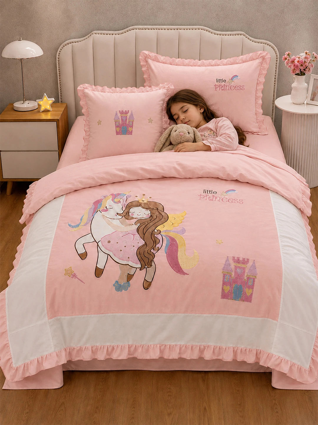 4 pcs Unicorn & Princess Luxe Embroidered collection of Single bed comforter, 1 flat bedsheet, 2 pillow covers entire Bedding Set for Single Size Bed.