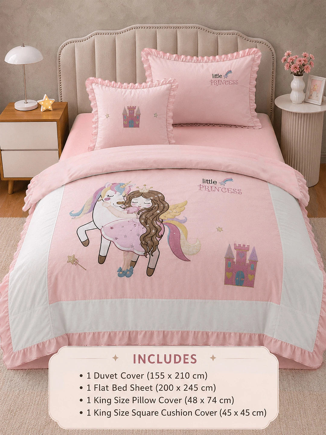 4 pcs Unicorn & Princess Luxe Embroidered collection of Single bed comforter, 1 flat bedsheet, 2 pillow covers entire Bedding Set for Single Size Bed.
