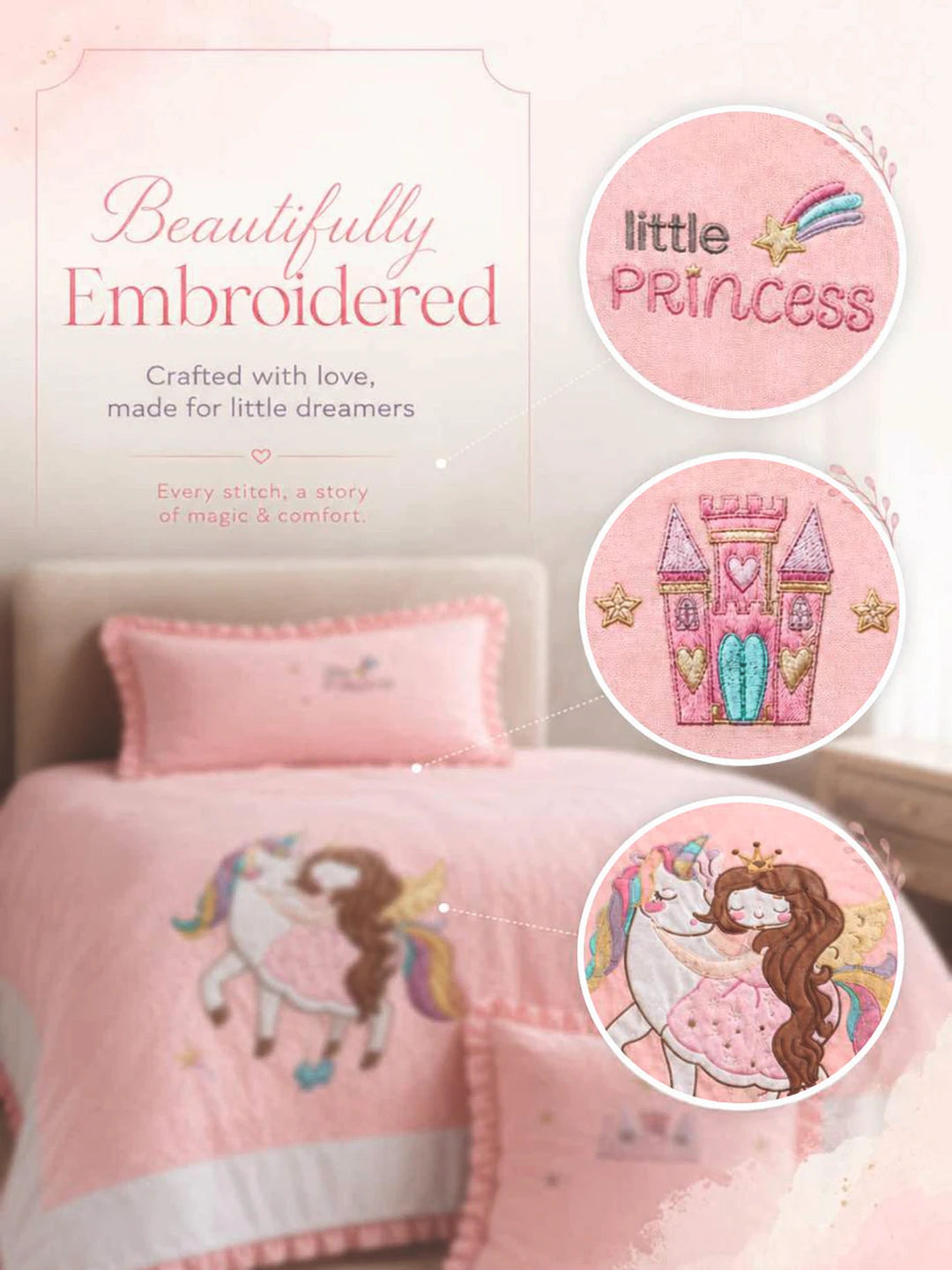 4 pcs Unicorn & Princess Luxe Embroidered collection of Single bed comforter, 1 flat bedsheet, 2 pillow covers entire Bedding Set for Single Size Bed.