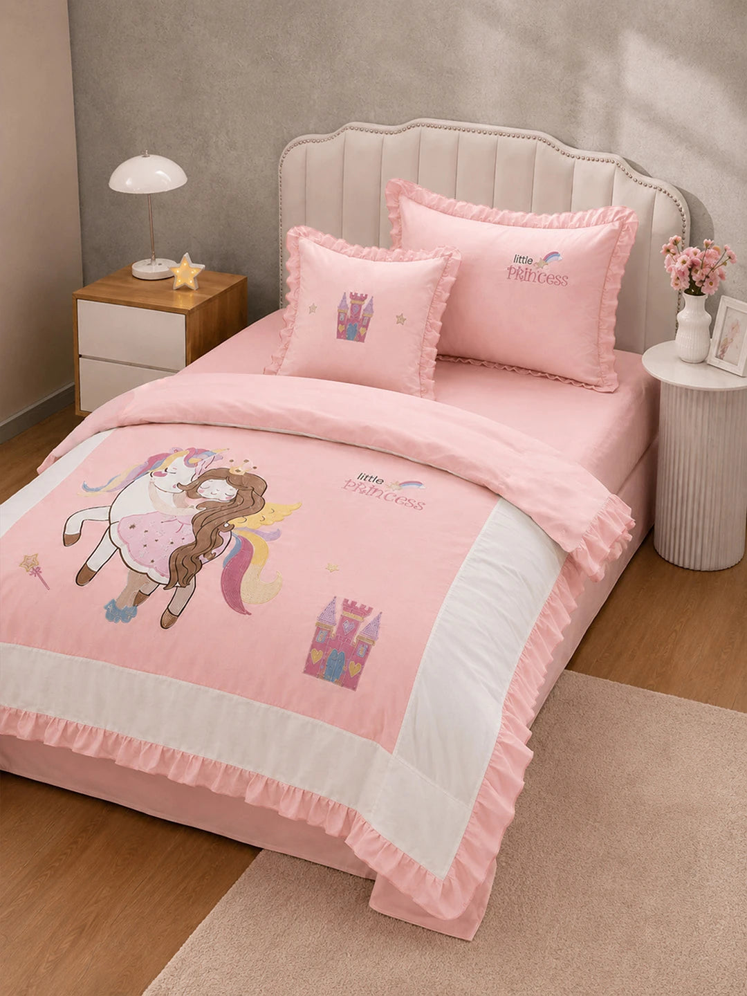 4 pcs Unicorn & Princess Luxe Embroidered collection of Single bed comforter, 1 flat bedsheet, 2 pillow covers entire Bedding Set for Single Size Bed.