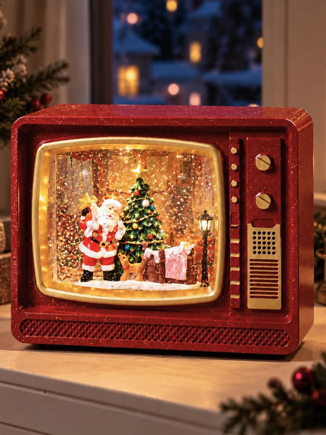 Santa Vintage TV, with Musical Glitter Water and Lights, Christmas Home Décor