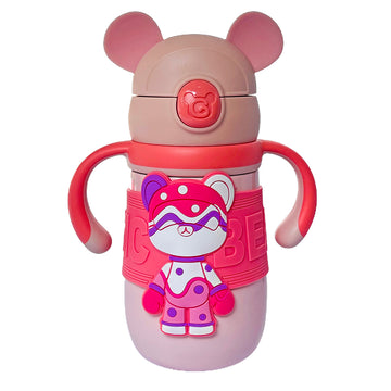 Pink 2d Magic Bear Kids Water bottle for Infants and Toddlers with Handles, 350 ML