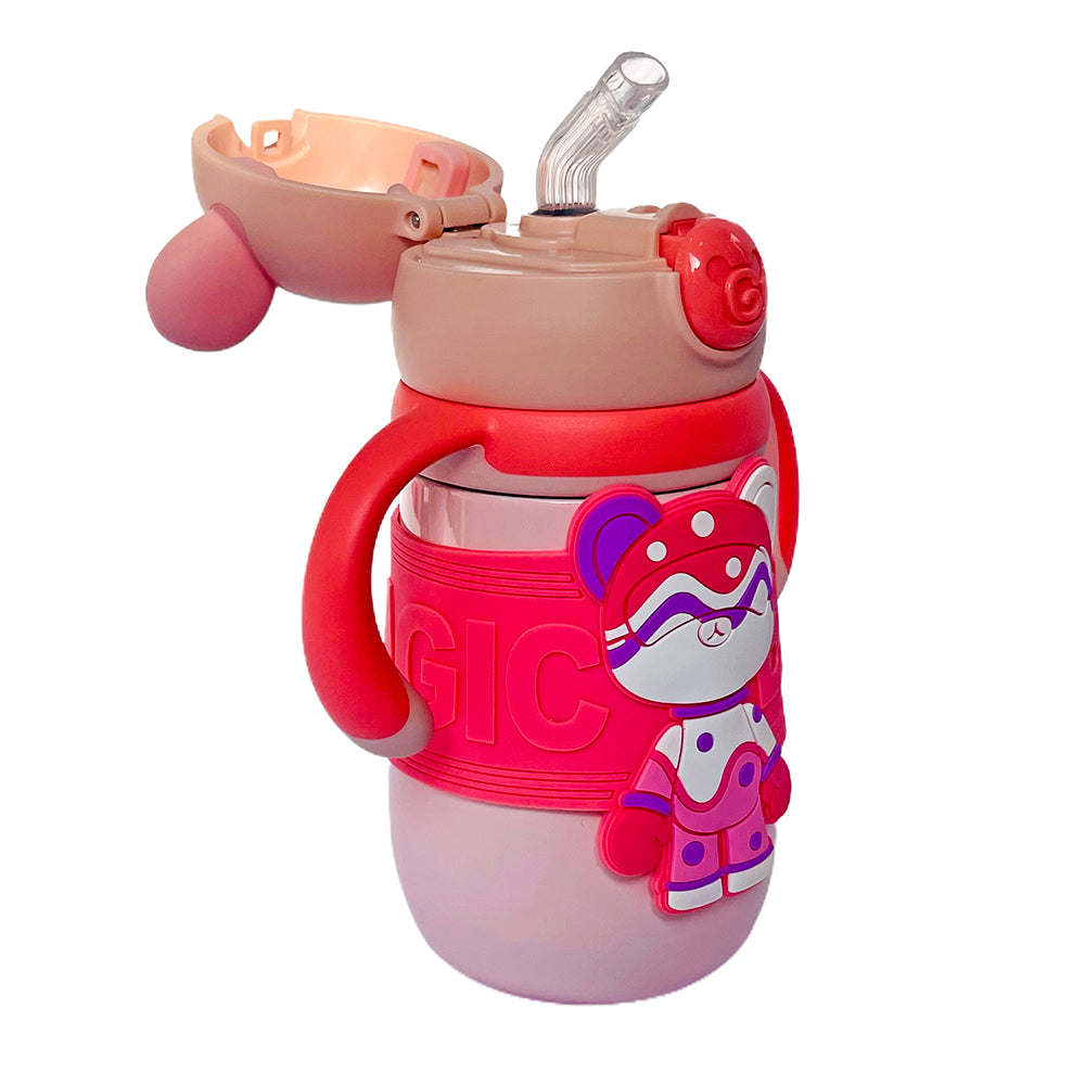 Pink 2d Magic Bear Kids Water bottle for Infants and Toddlers with Handles, 350 ML